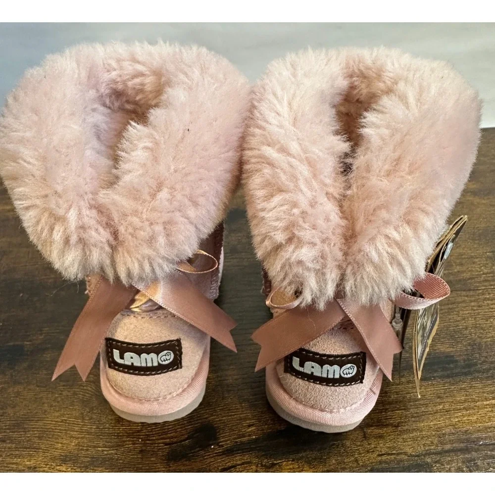 Lamo Youth Rose Pink Suede Faux Fur Bow Winter Boots Splash Secure Size 6C NEW - Picture 8 of 10